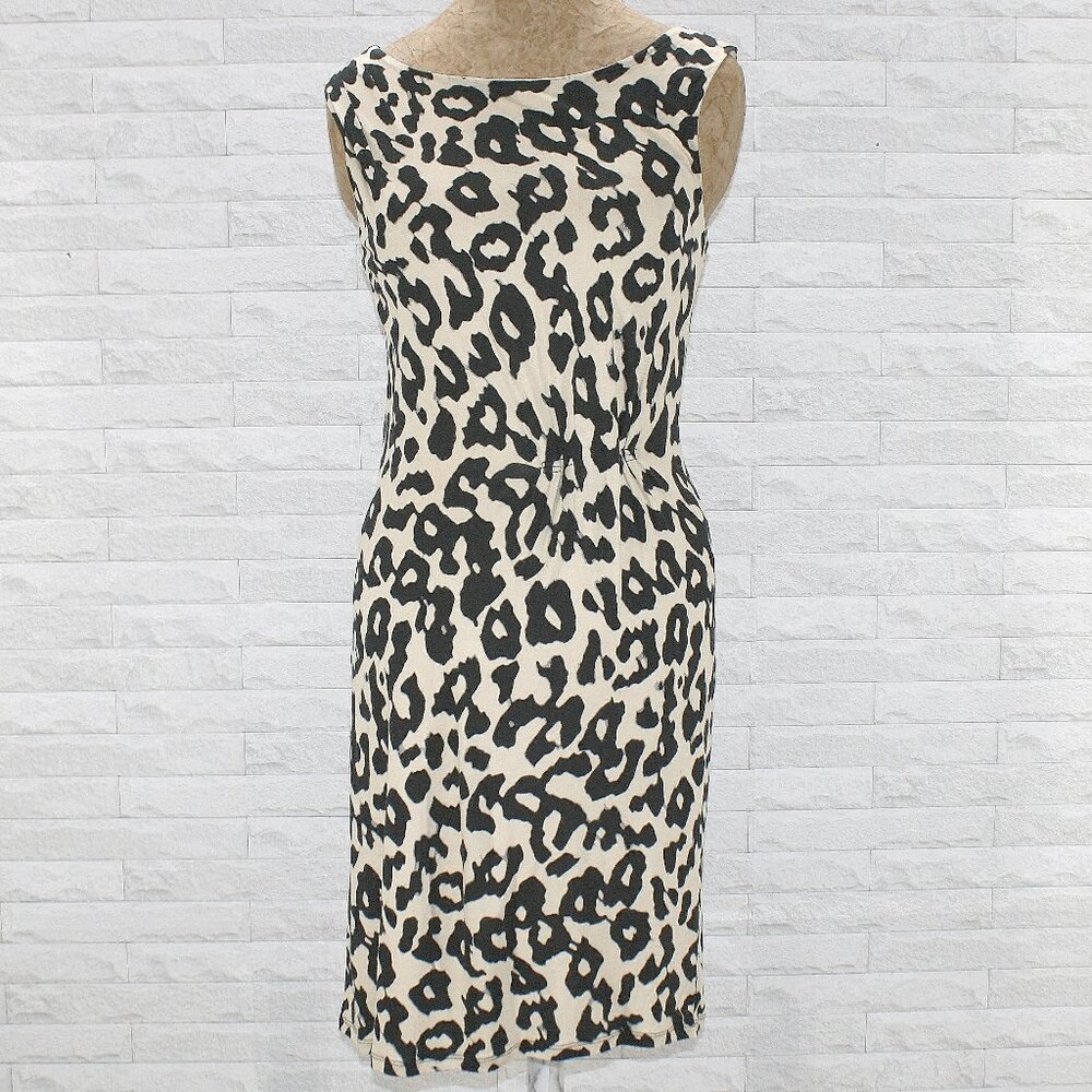 ANN TAYLOR LOFT Dress Sleeveless Animal Print Knit Ruched Black Cream Small